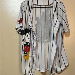 Disney White & Black Pinstripe Mickey Button-Front Jersey